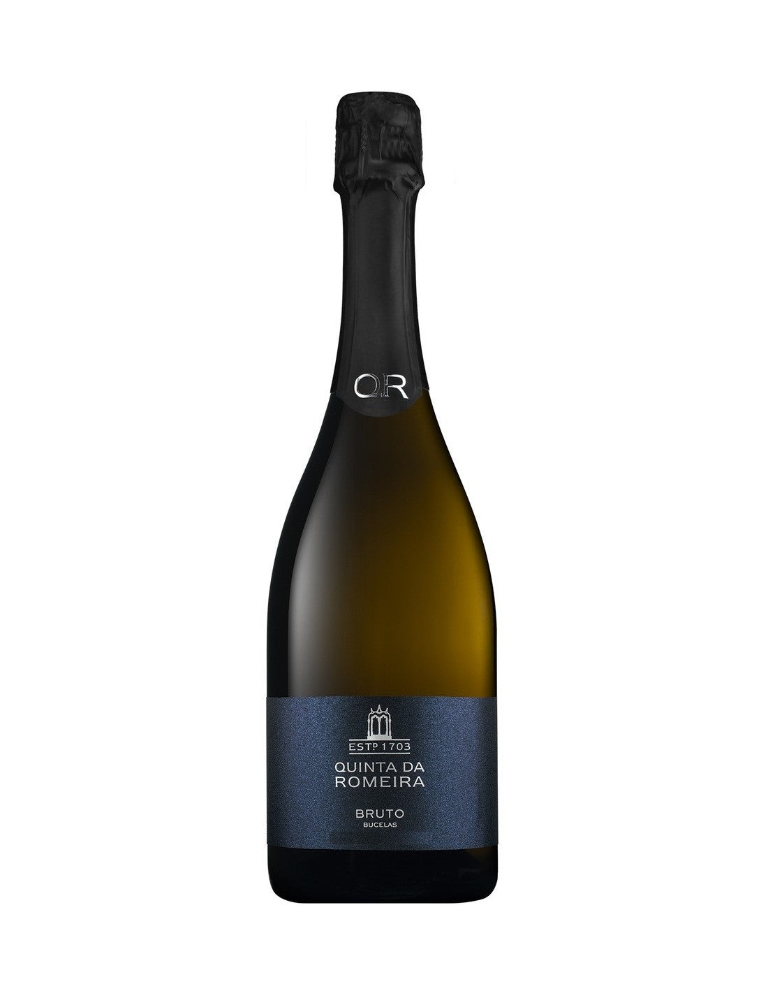 Espumante Quinta da Romeira Bruto, garrafa elegante de espumante branco com rótulo detalhado, estilo festivo e sofisticado.