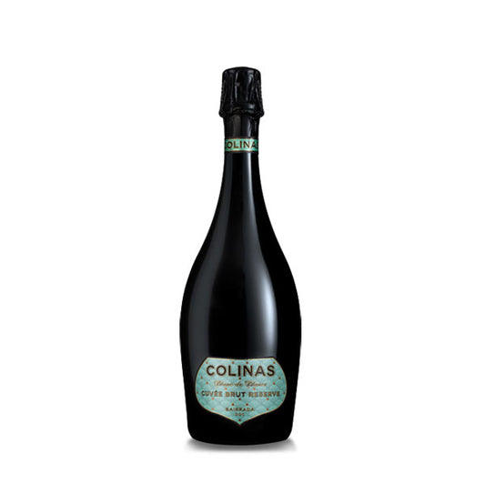 Espumante Quinta Colinas de São Lourenço Cuvée Brut Reserve, garrafa de espumante com rótulo e detalhes dourados, close-up.