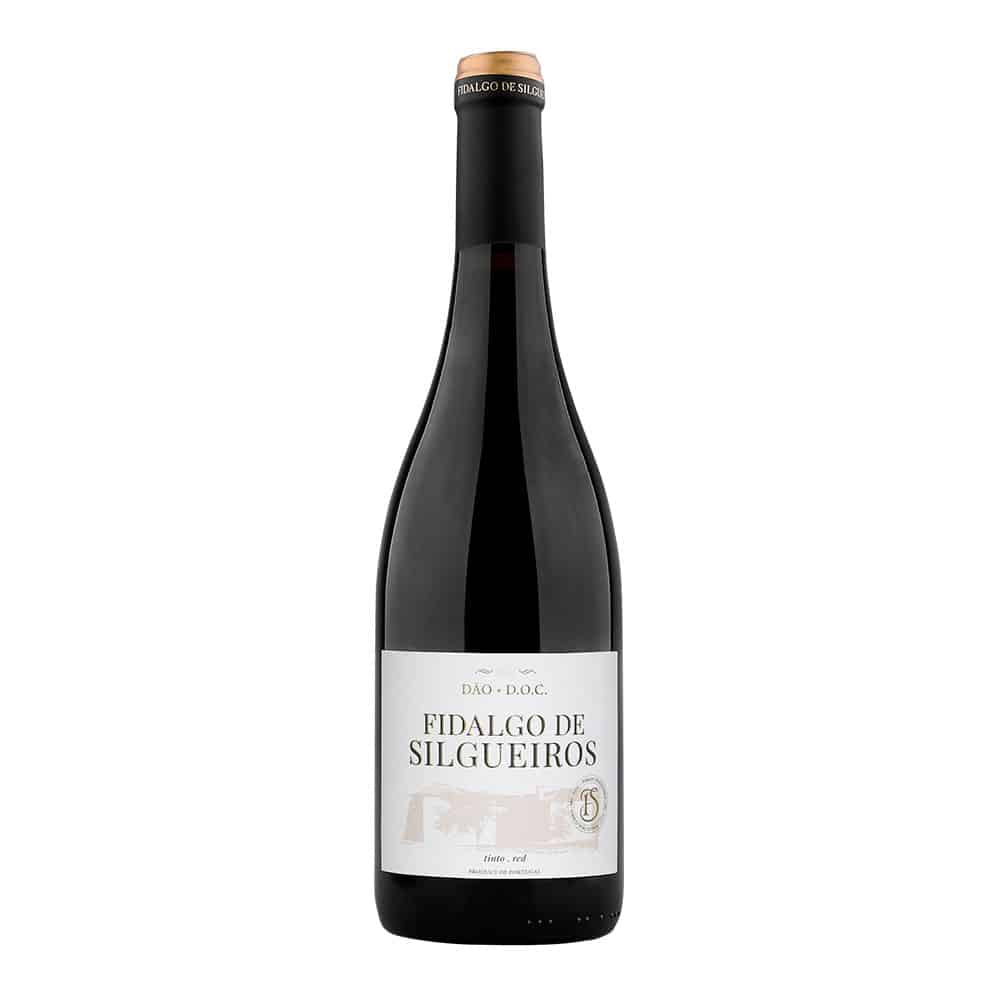 Taça de vinho tinto Fidalgo de Silgueiros, garrafa do vinho Fidalgo de Silgueiros Tinto 2020, com rótulo na imagem