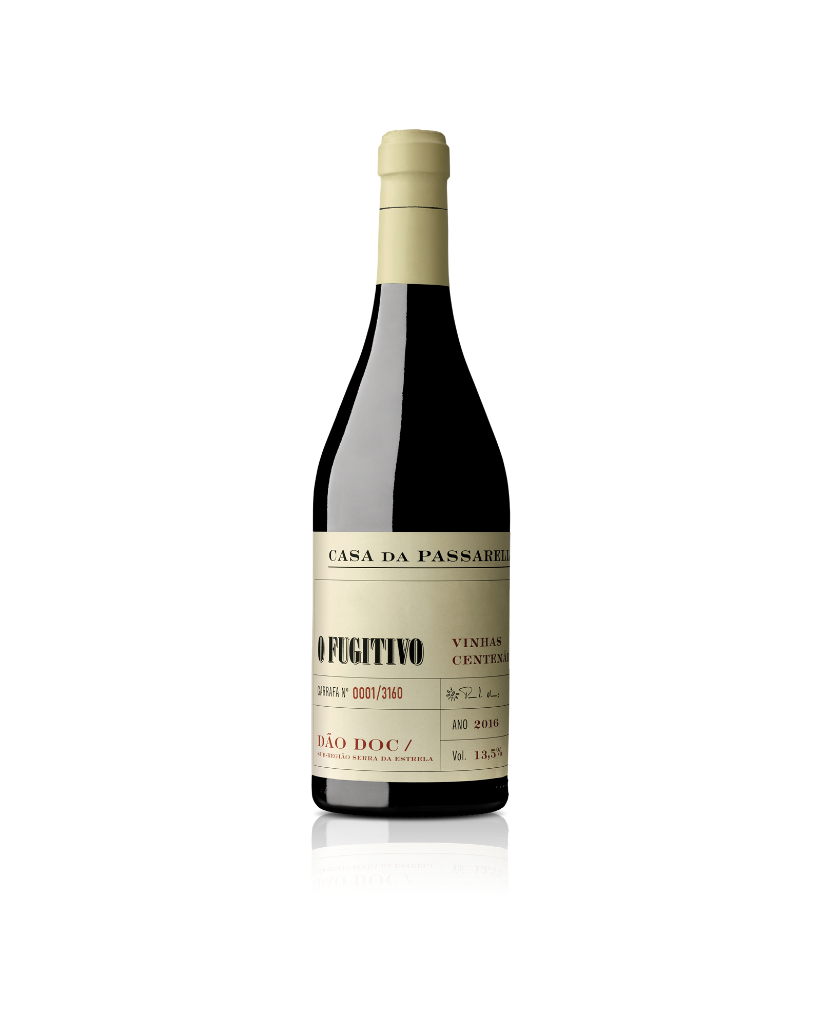 Vinho Casa Passarela Fugitivo Vinhas Centenárias, garrafa de vinho tinto com rótulo elegante, destaque para a marca e origem das vinhas antigas.