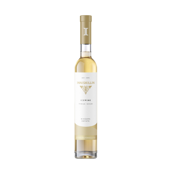 Vinho de colheita tardia Inniskillin Ice Wine Gold da Garrafeira, garrafa dourada sobre fundo neutro.
