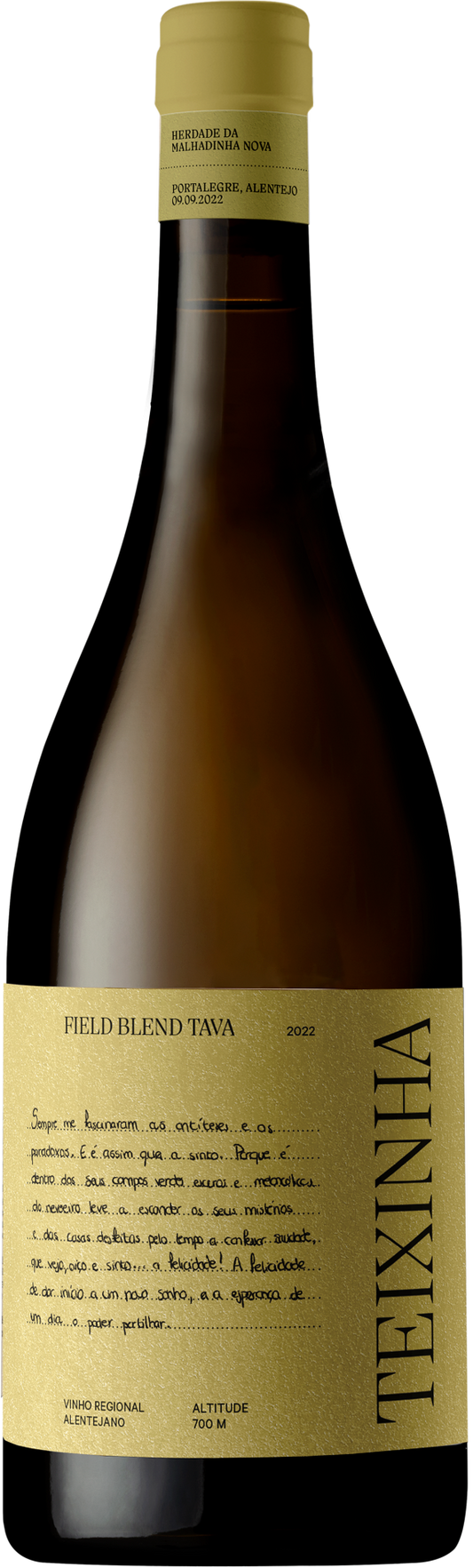 Teixinha Branco da Herdade da Malhadinha, garrafa de vinho branco com rótulo elegante, em ambiente de degustação.