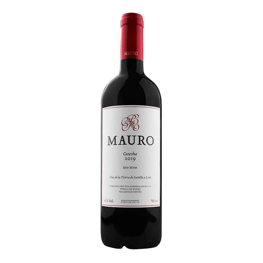 Taça de vinho tinto Mauro Cosecha 2019, vinho do mundo da marca Bodegas de Mauro em garrafa elegante.