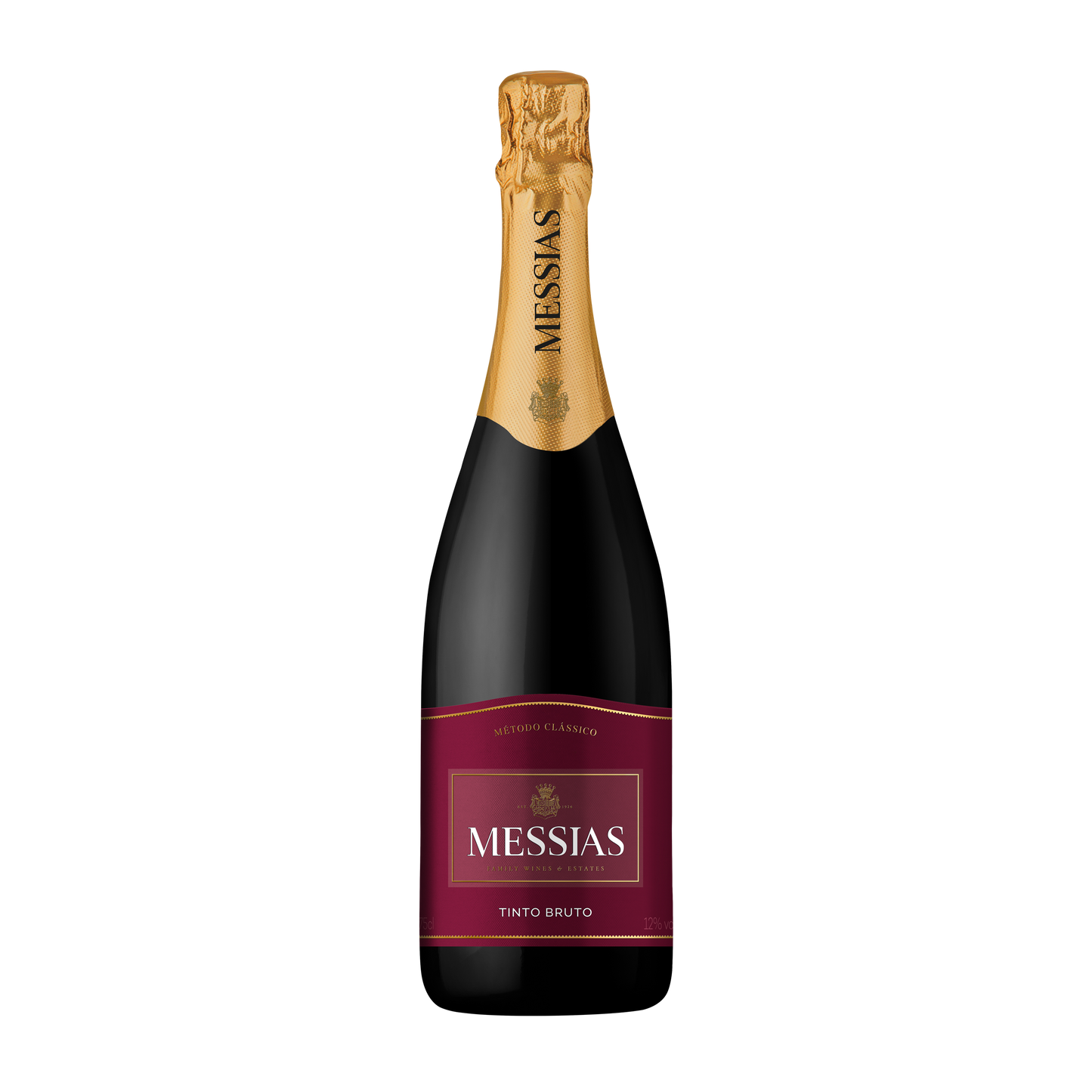 Espumante Messias Tinto Bruto da Cave Messias, garrafa com rótulo e detalhes visíveis, ideal para celebrações.