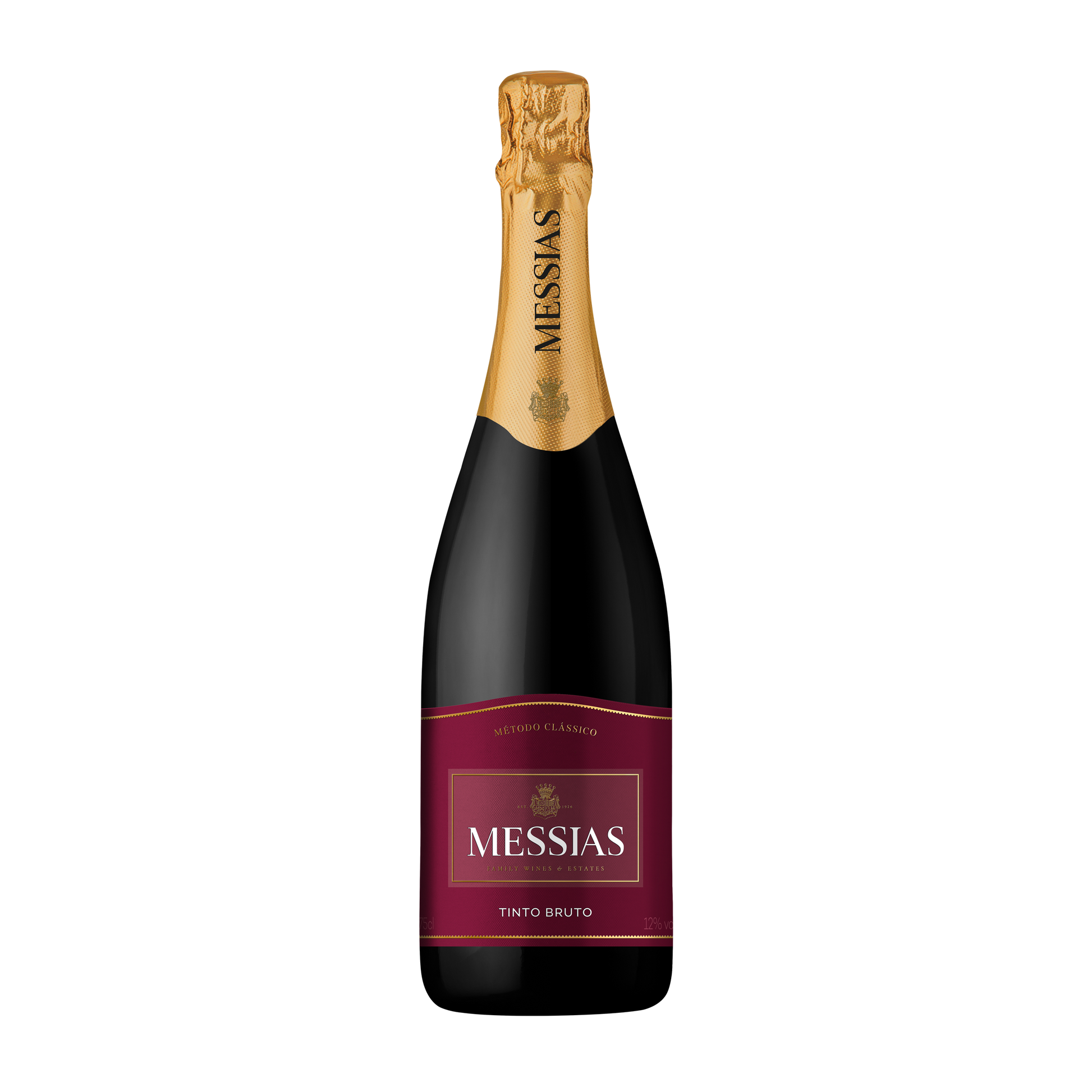 Espumante Messias Tinto Bruto da Cave Messias, garrafa com rótulo e detalhes visíveis, ideal para celebrações.
