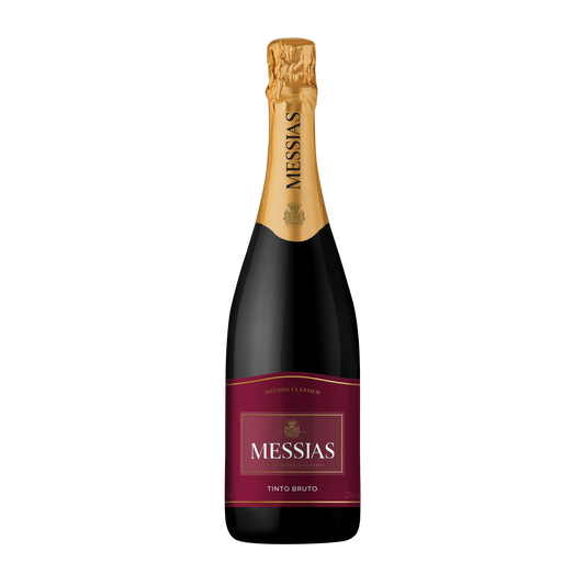 Espumante Messias Tinto Bruto da Cave Messias, garrafa com rótulo e detalhes visíveis, ideal para celebrações.