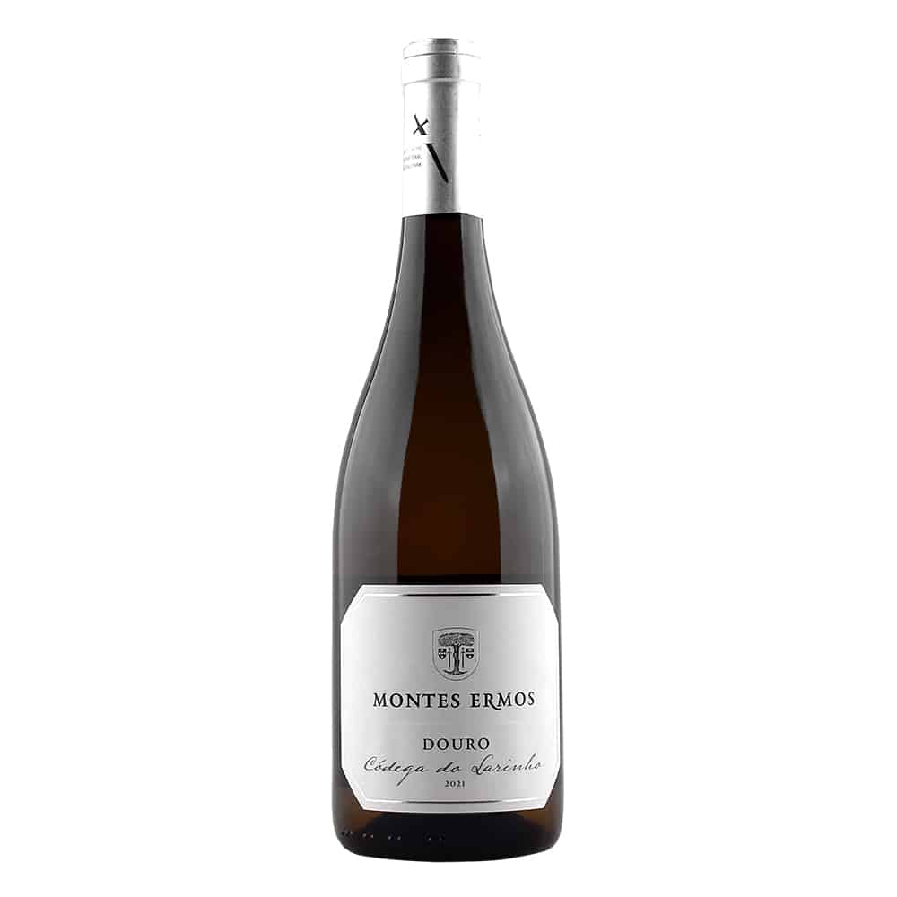 Vinho branco Montes Ermos Códega do Larinho, 2021, produzido pela Adega Cooperativa de Freixo de Espada à Cinta, garrafa de vinho branco.