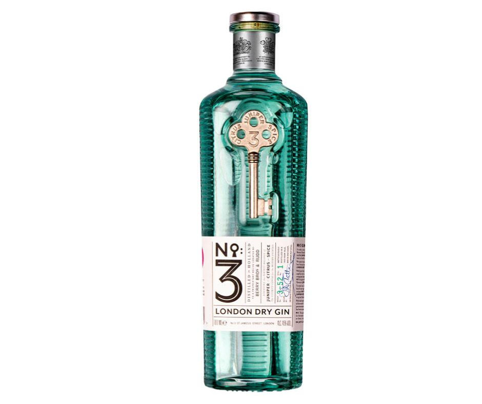 Garrafa de gin London Gin The London Nº3, destilado de alta qualidade, com rótulo elegante e detalhes na embalagem.