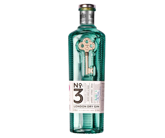 Garrafa de gin London Gin The London Nº3, destilado de alta qualidade, com rótulo elegante e detalhes na embalagem.