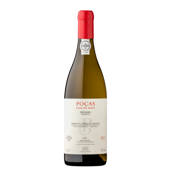 Vinho Fora de Série Dogleg da Poças, garrafa com rótulo especial e detalhes dourados, em fundo neutro.