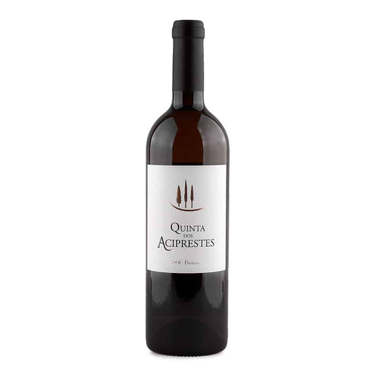 Vinho branco Quinta dos Aciprestes 2021 da Real Companhia Velha, garrafa com rótulo elegante e rótulo de vinho branco português.