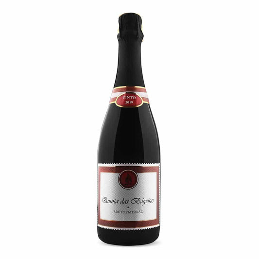 Espumante Quinta das Bageiras Tinto, garrafa de espumante natural com rótulo Quinta das Bageiras, cor vermelha escura.
