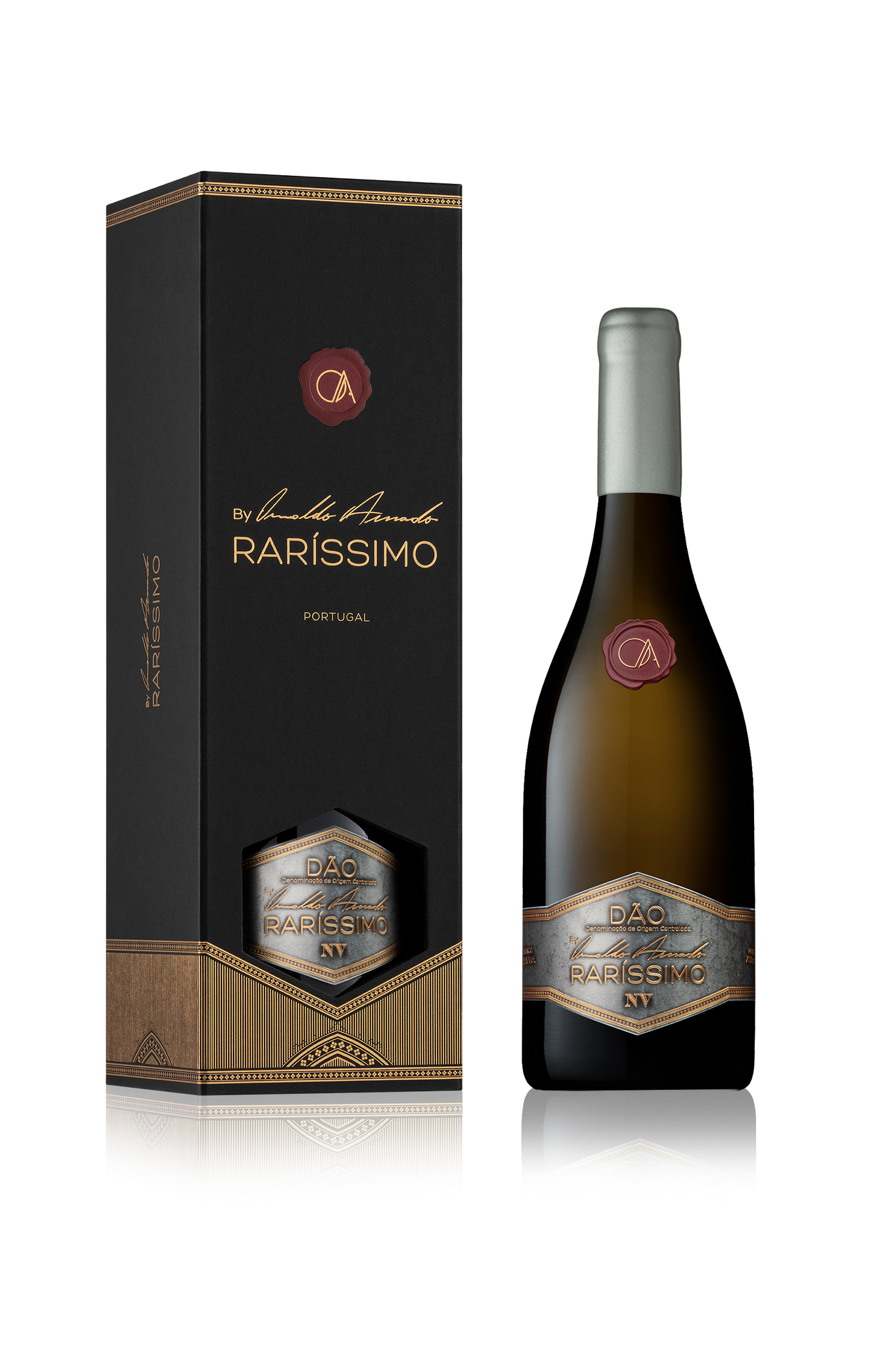 Vinho branco Dao Rarissimo Rarissimo, garrafa elegante com rótulo detalhado, destaque para a marca e o estilo do vinho branco.