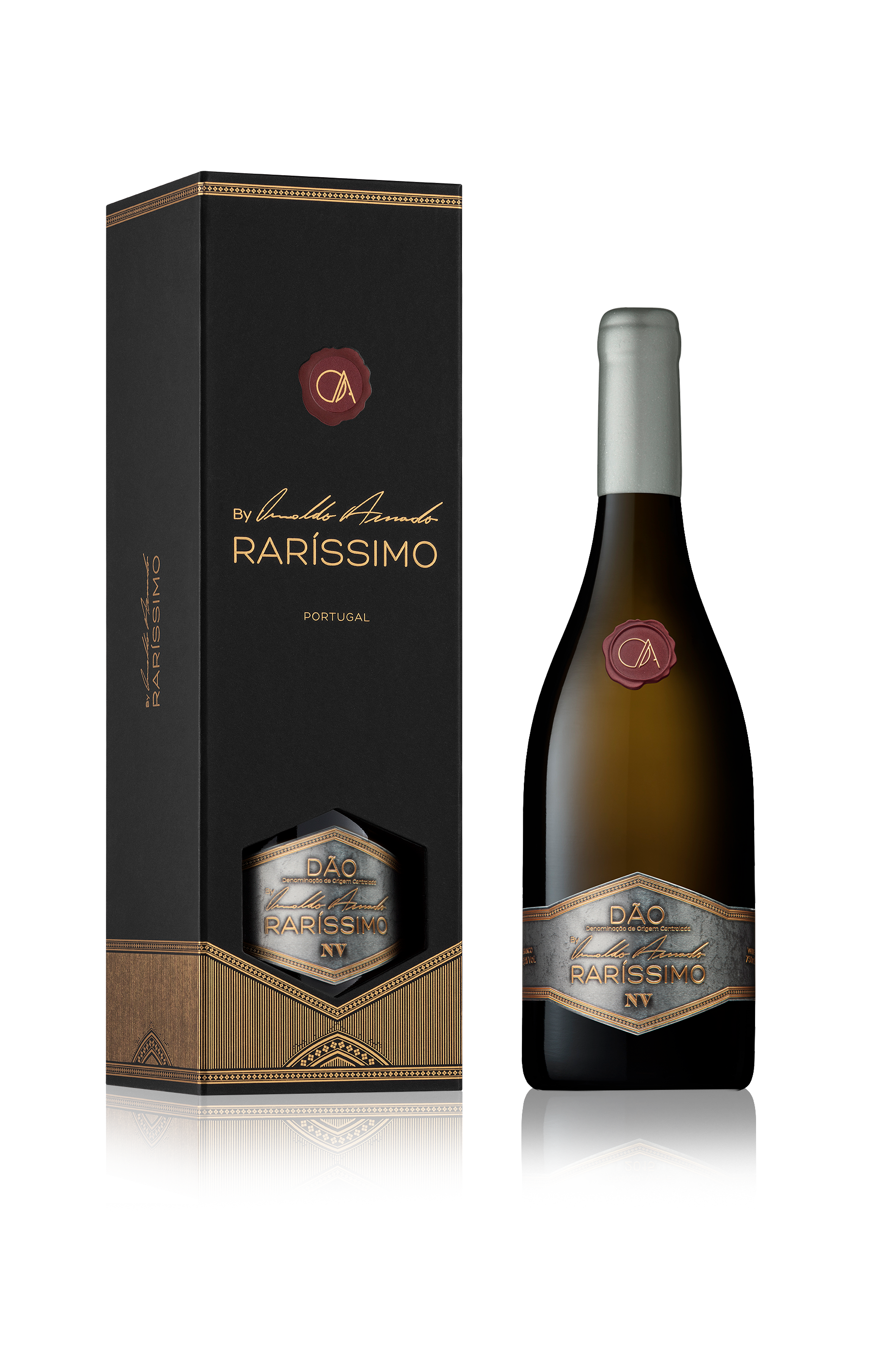 Vinho branco Dao Rarissimo Rarissimo, garrafa elegante com rótulo detalhado, destaque para a marca e o estilo do vinho branco.
