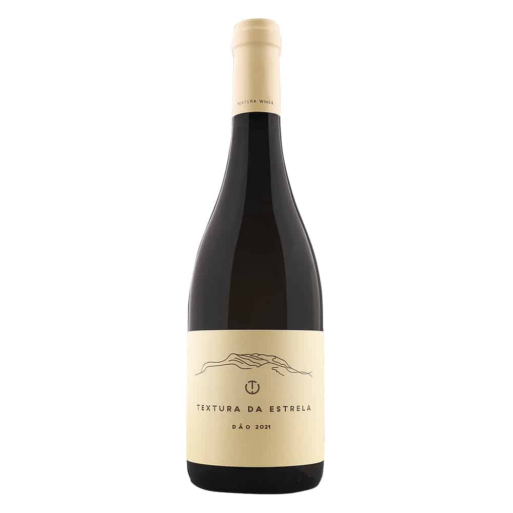 Vinho branco Textura da Estrela 2021 da Marcelo Wines, garrafa com rótulo branco e detalhes dourados, vista frontal.