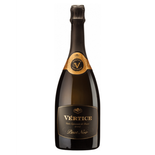 Espumante Vértice Pinot Noir na garrafa, com destaque na etiqueta e líquido dourado, ideal para celebrações.