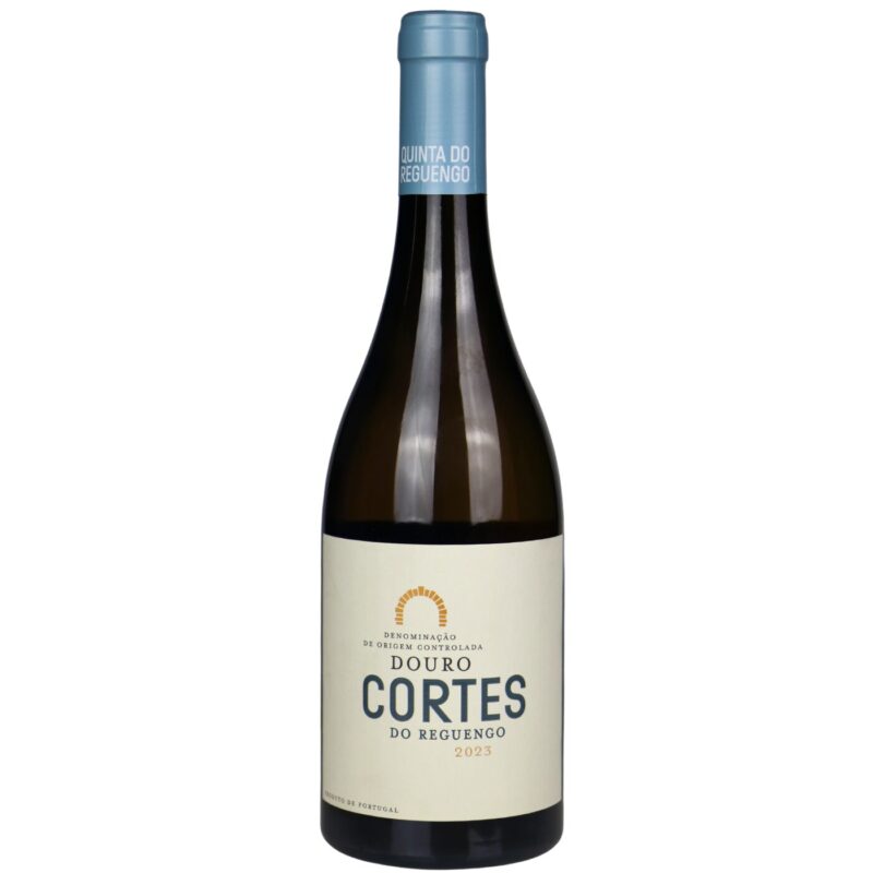 Vinho branco Cortes de Reguengo Silva Family Wines, garrafa com rótulo elegante, destaque para a cor clara do vinho.