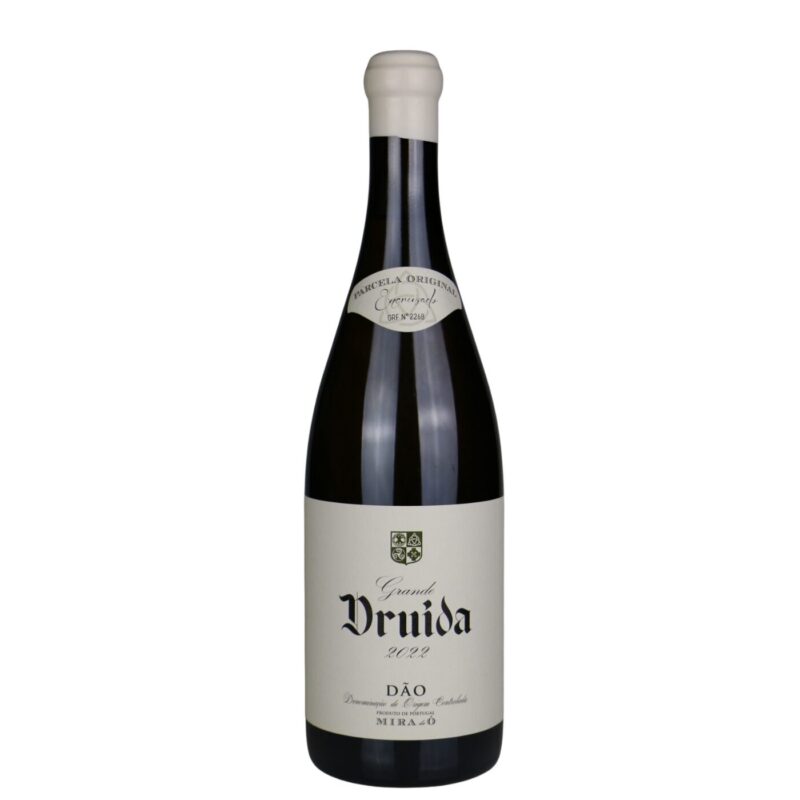 Vinho branco Grande Druida Reserva 2022, garrafa com rótulo elegante, destaque para o produto em fundo neutro.