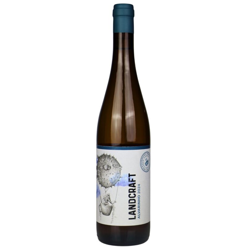 Vinho Verde Landcraft Alvarinho branco de 2024, garrafa com rótulo azul e branco, destaque para o vinho branco de marca Geographic Wines