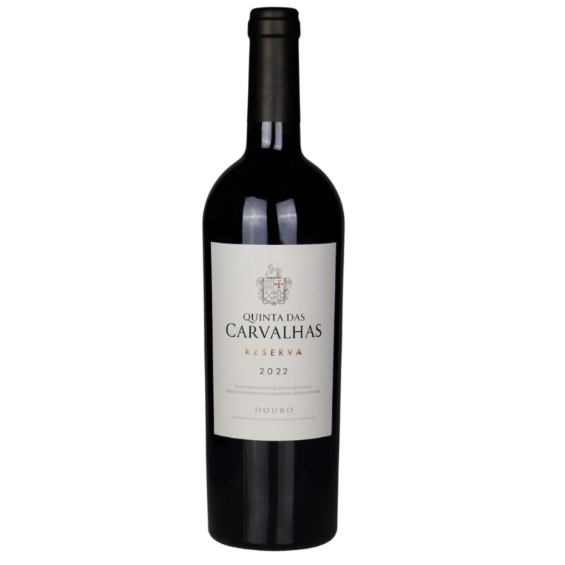 Vinho tinto Carvalhas Reserva 2022 da Real Companhia Velha, garrafa com rótulo elegante, ideal para colecionadores de vinhos portugueses.