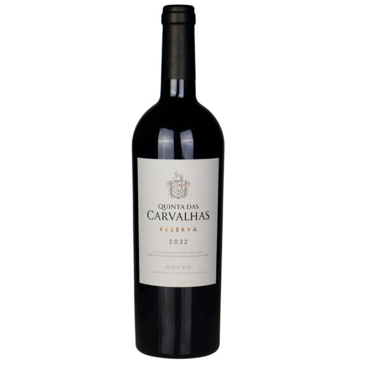 Vinho tinto Carvalhas Reserva 2022 da Real Companhia Velha, garrafa com rótulo elegante, ideal para colecionadores de vinhos portugueses.