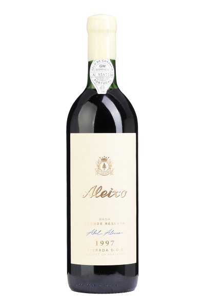 Vinho tinto Aleixo Grande Reserva 1997, garrafa de vidro, rótulo detalhado, destaque para a data de safra e design elegante
