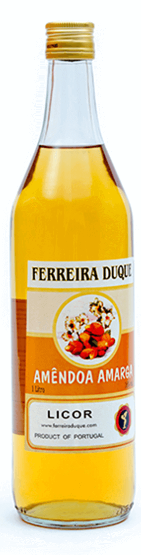 Licor Ferreira Duque Amêndoa Amarga em garrafa, sabor intenso de amêndoa amarga, produto de licor artesanal.