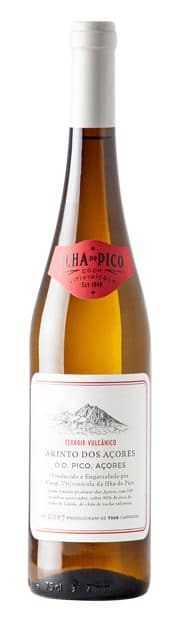 Vinho branco Arinto da Adega Cooperativa dos Açores, garrafa de vinho de produção local, vista lateral do rótulo.