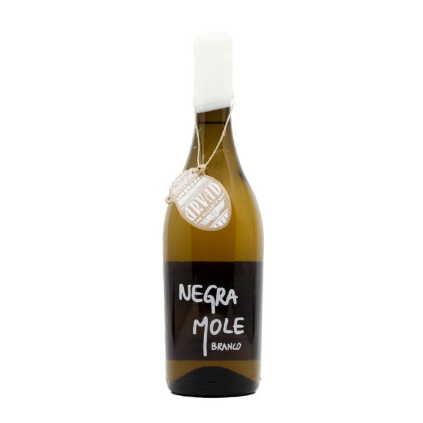 Vinho branco Arvad Negra Mole Branco de Noirs de 2023, garrafa com rótulo branco e detalhes dourados, produzido pela Arvad Algarve.