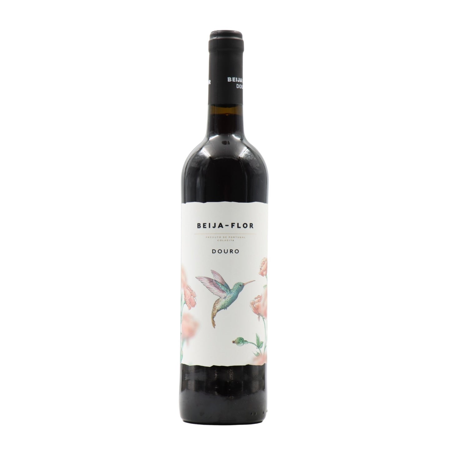 Taça de vinho tinto Beija Flor, vinho vermelho 2021 da Luis Seabra, com garrafa de vinho na imagem.