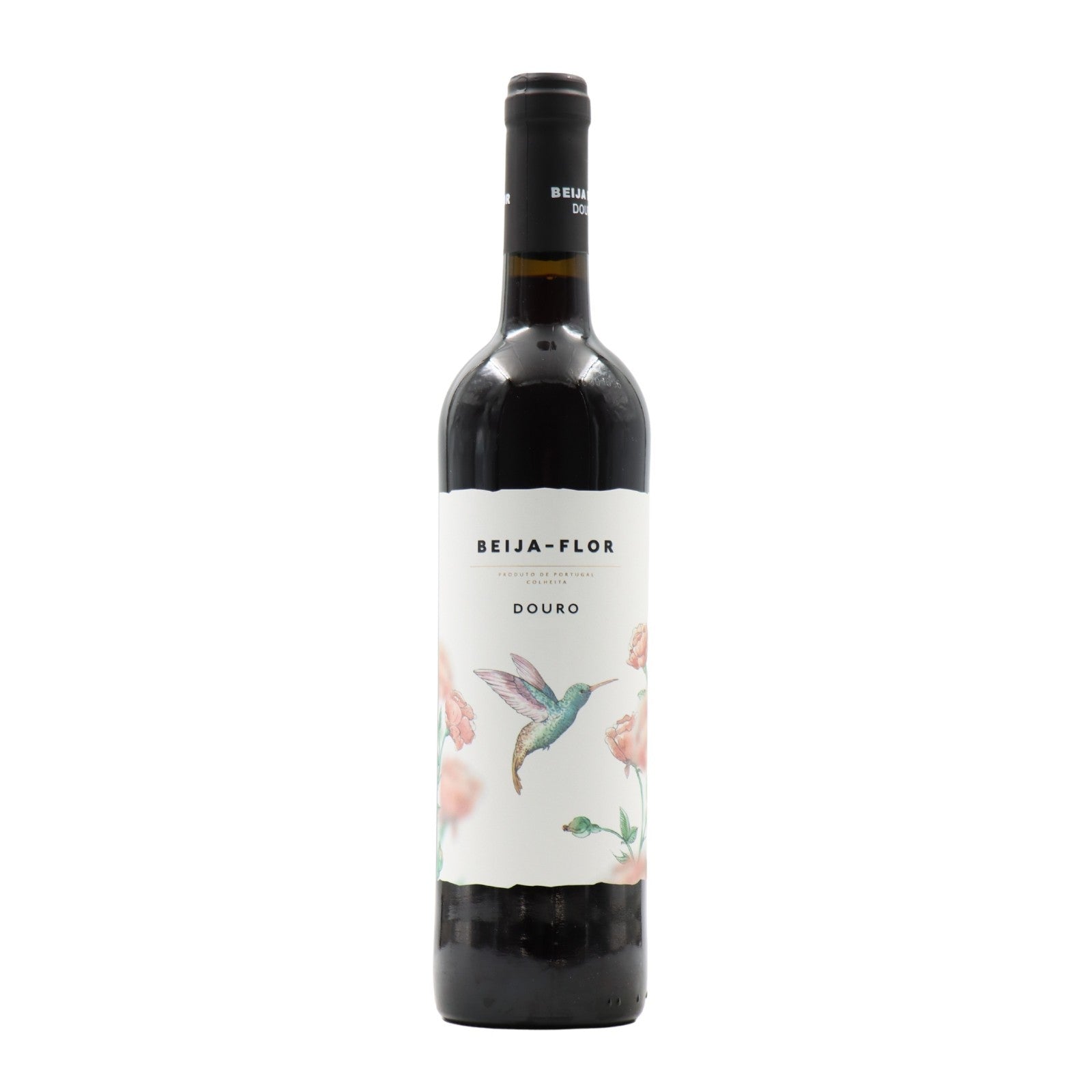 Taça de vinho tinto Beija Flor, vinho vermelho 2021 da Luis Seabra, com garrafa de vinho na imagem.