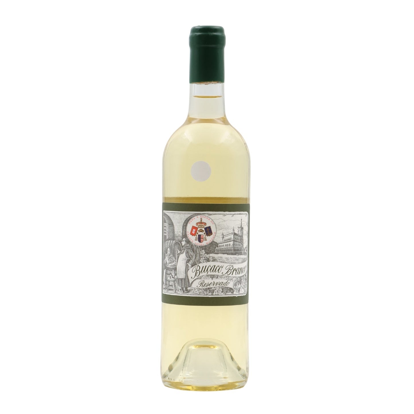 Vinho branco Bucaco Reservado Branco de 2015, garrafa elegante com rótulo branco e detalhes dourados, em fundo neutro.