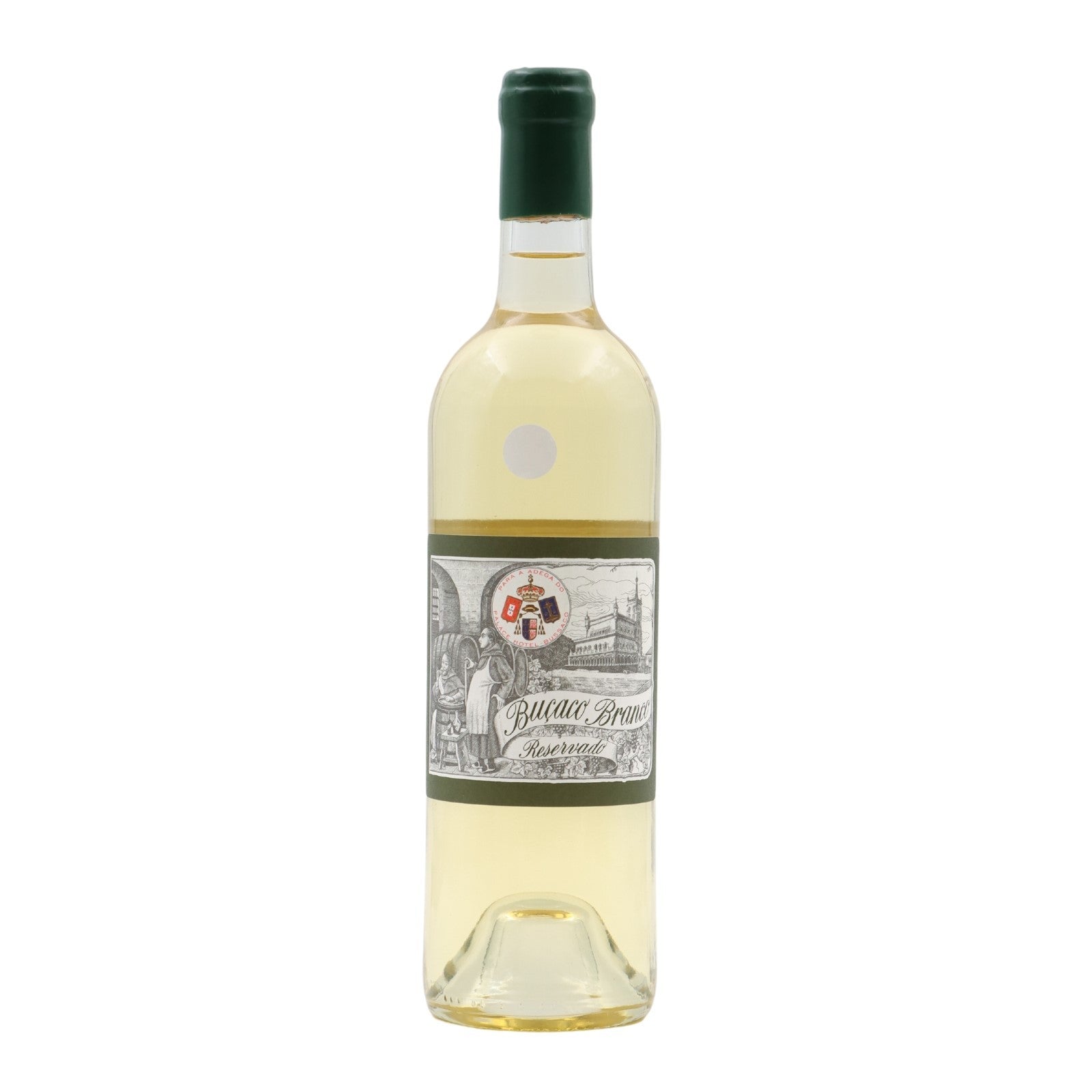 Vinho branco Bucaco Reservado Branco de 2015, garrafa elegante com rótulo branco e detalhes dourados, em fundo neutro.