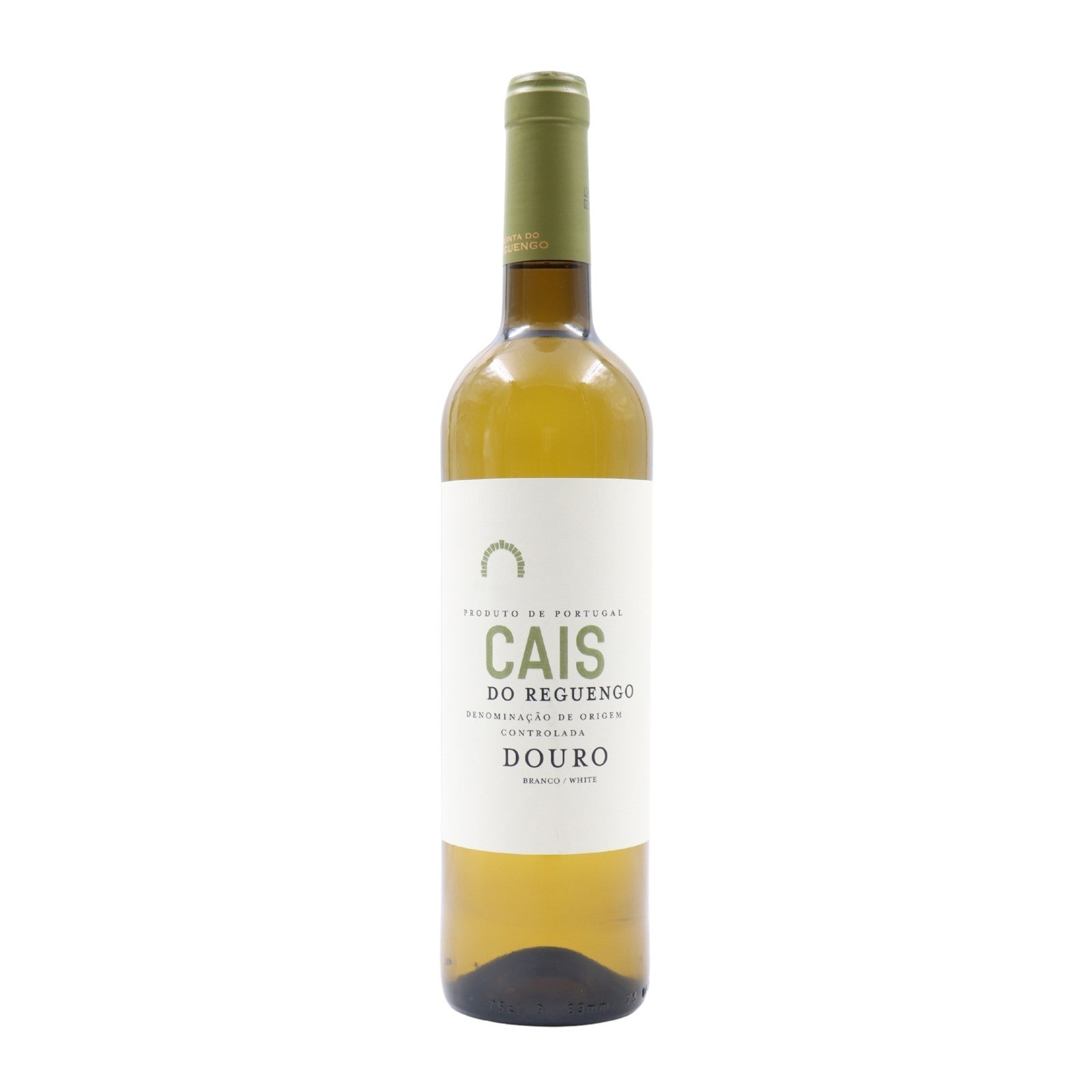 Vinho branco Cais do Reguengo 2022 da Quinta do Reguengo, garrafa com rótulo elegante sobre mesa de madeira.
