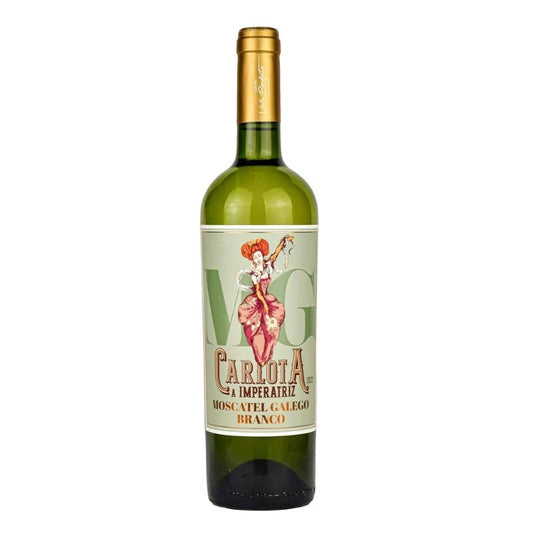 Vinho Carlota A Imperatriz Moscatel Galego Quinta Vale Benfeito, garrafa de 75cl com rótulo elegante, destaque para o produto.