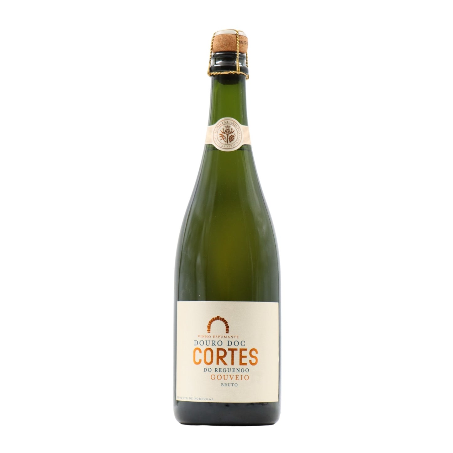 Espumante Quinta do Reguengo Gouveio Bruto, garrafa de espumante com rótulo elegante, produzido com uvas Gouveio, envelhecido 60 meses