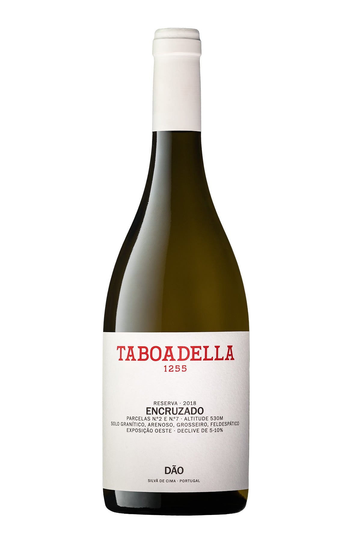 Taça de vinho encruzado Taboadella Encruzado 2025, garrafa de vinho branco em fundo branco com rótulo detalhado.