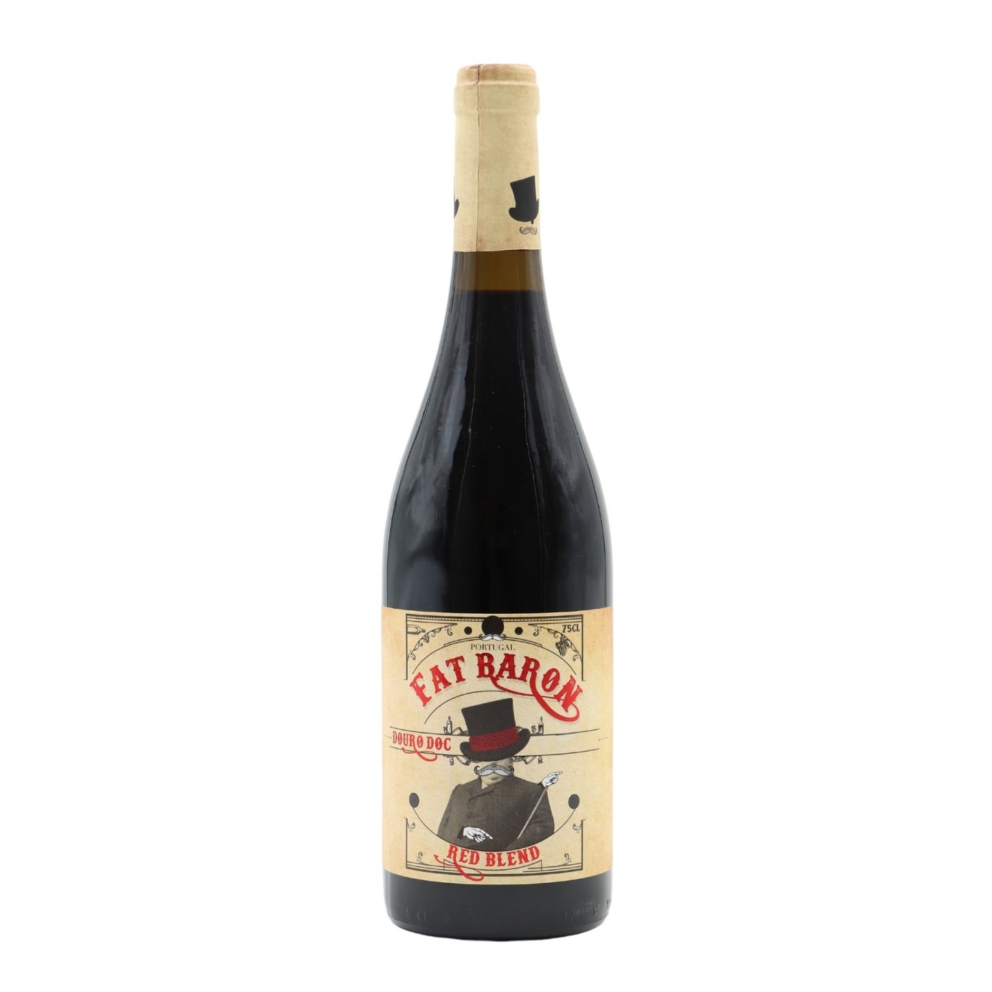 Taça de vinho tinto Fat Baron Douro Ermelinda Freitas, garrafa de vinho tinto de 2021, destaque na imagem.