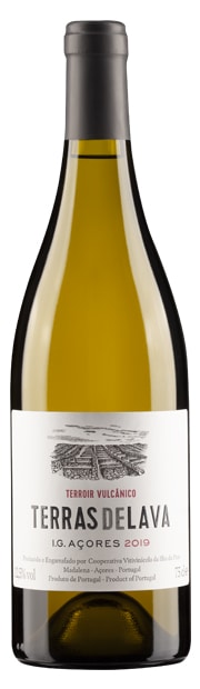 Vinho branco Açores Terras de Lava da Adega Cooperativa dos Açores, garrafa com rótulo em fundo de lava vulcânica