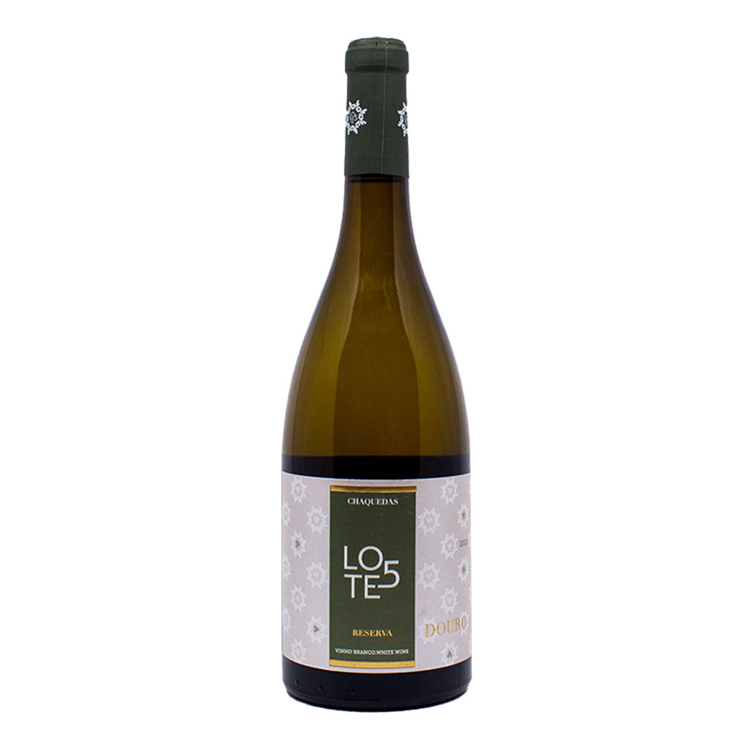 Vinho branco Quinta das Chaquedas Lote 5 Reserva, garrafa de vidro transparente com rótulo elegante, destaque na imagem.