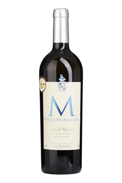 Vinho branco Marques de Marialva Grande Reserva Branco 2016, garrafa com rótulo elegante, destaque para a marca e o tipo de vinho.