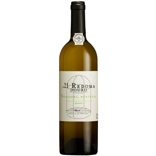 Taça de vinho branco Niepoort Redoma Branco 2024, destaque para a garrafa de vinho branco na imagem.