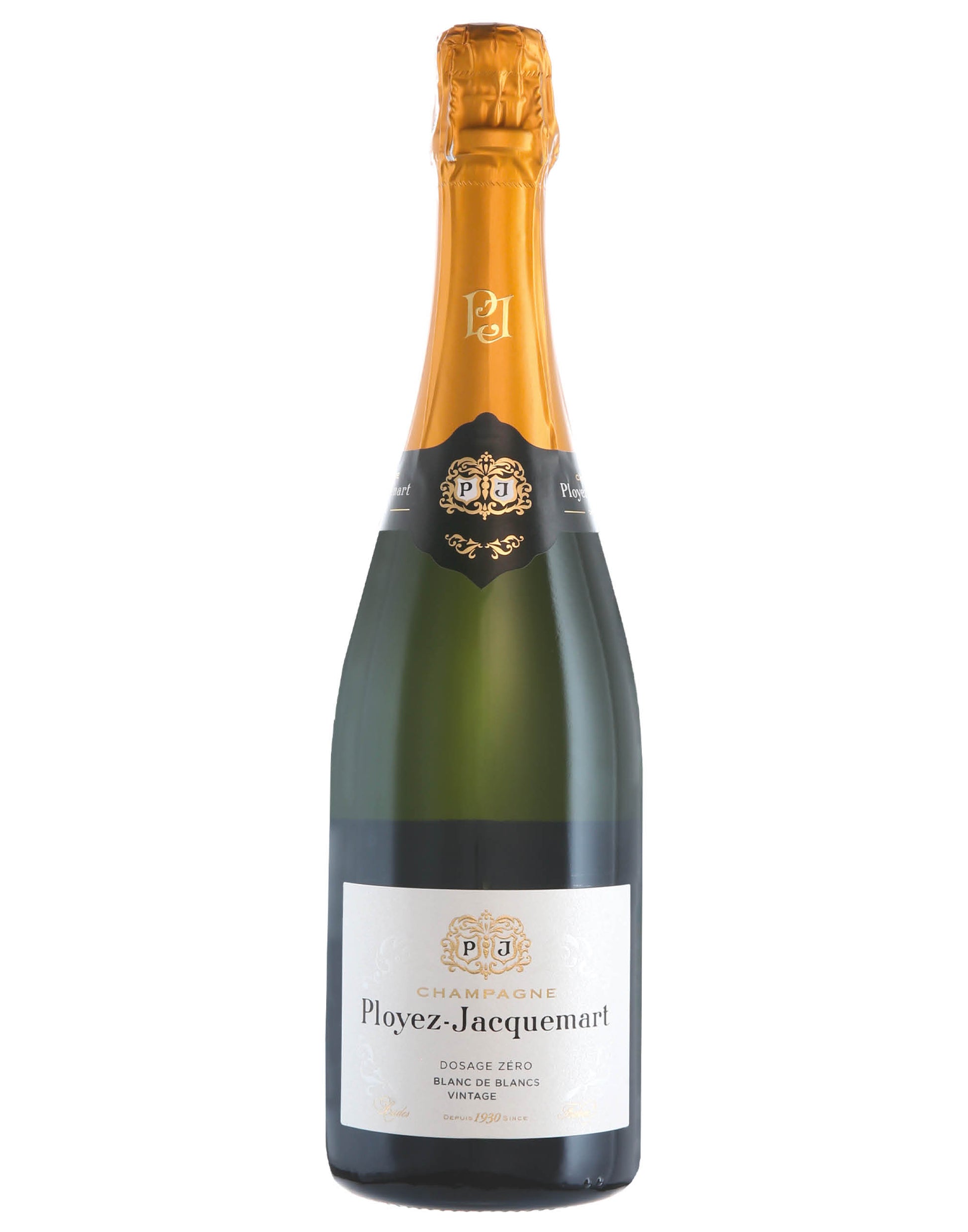 Taça de Champagne Ployez-Jacquemart Vintage Blanc Blanc com rótulo, destacando a elegância da garrafa de Champagne Ployez-Jacquemart.