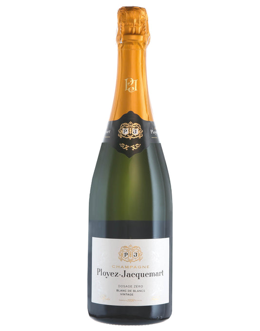 Taça de Champagne Ployez-Jacquemart Vintage Blanc Blanc com rótulo, destacando a elegância da garrafa de Champagne Ployez-Jacquemart.