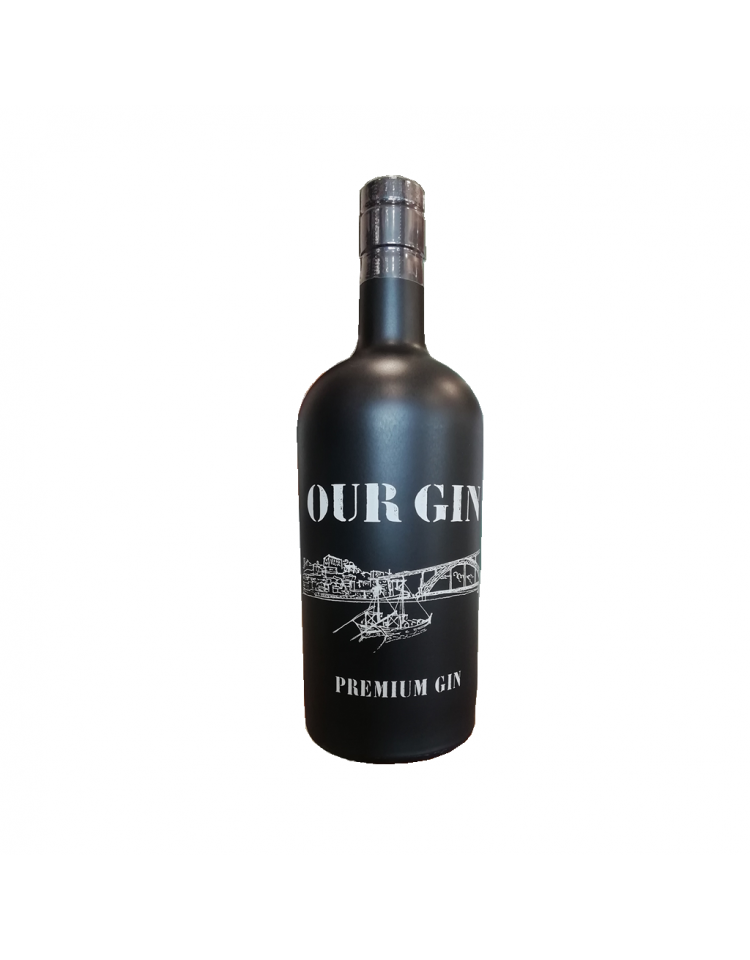 Garrafa de Gin Our Gin Premium Dry Gin da marca CAISTOUR, LDA, destilado de sabor seco e sofisticado.
