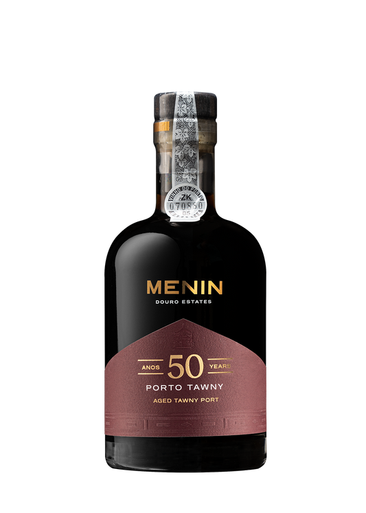 Vinho do Porto Menin 50 Anos da Menin Wine Company, garrafa de vinho tinto envelhecido com rótulo dourado e detalhes elegantes