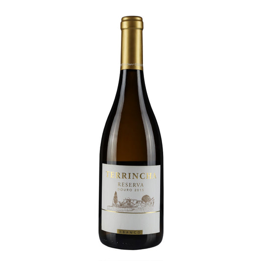 Vinho branco Quinta da Terrincha Reserva 2018, garrafa elegante com rótulo, destaque na imagem.