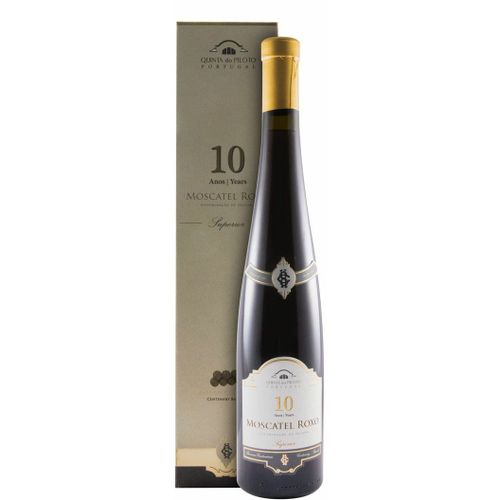 Vinho Quinta do Piloto Moscatel Roxo 10 Anos, garrafa elegante de vinho licoroso em taça.
