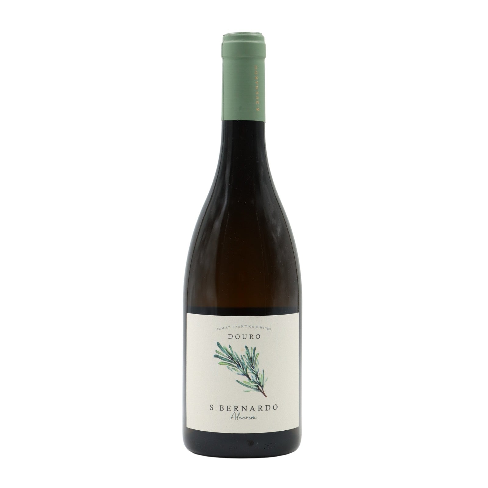 Vinho branco Quinta de São Bernardo Alecrim 2020, garrafa elegante com rótulo branco e detalhes dourados, destaque na imagem.
