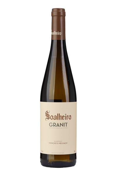 Vinho branco Soalheiro Granit Alvarinho 2023, garrafa com rótulo elegante, destaque para a variedade Alvarinho.
